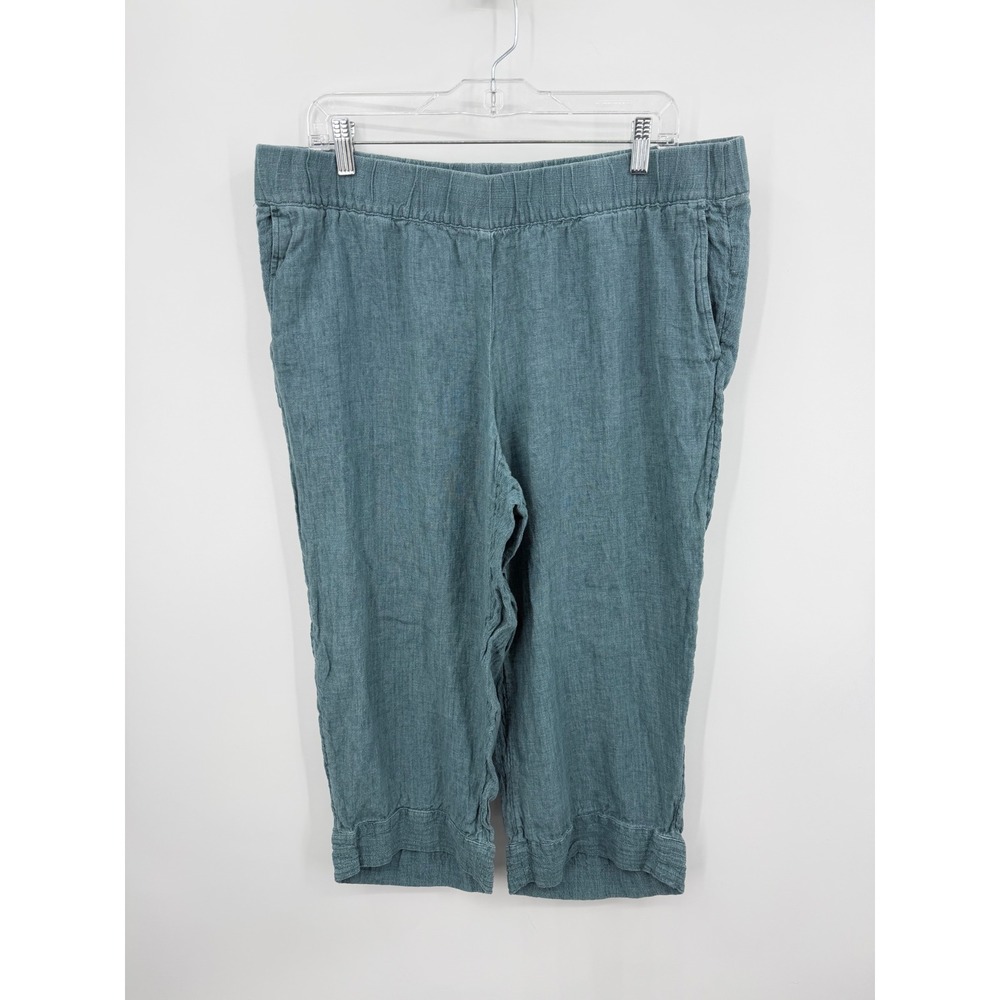 Pure Jill Linen Crop Pants Women XL Petite Blue Green Elastic Waist WPT266582